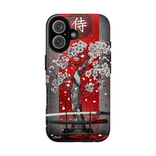 Stylish phone case with samurai, sakura, and katana design