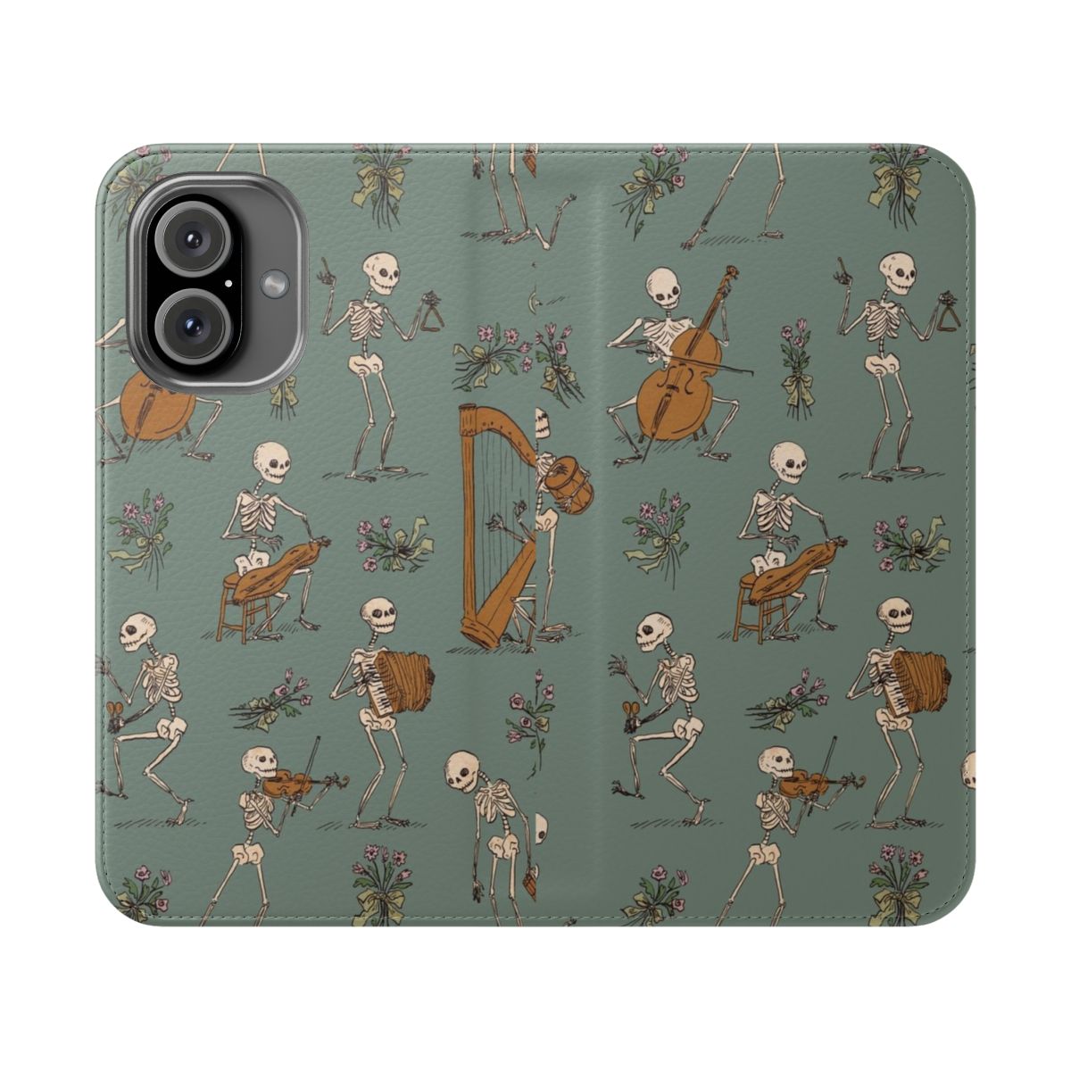 Skeleton orchestra-themed phone case cover with various musical instruments