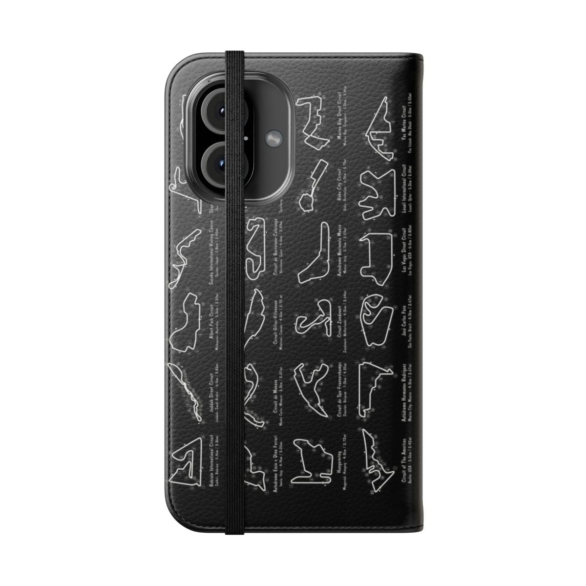 Flip phone case with a white stencil design of an F1 racing circuit - Folded Front