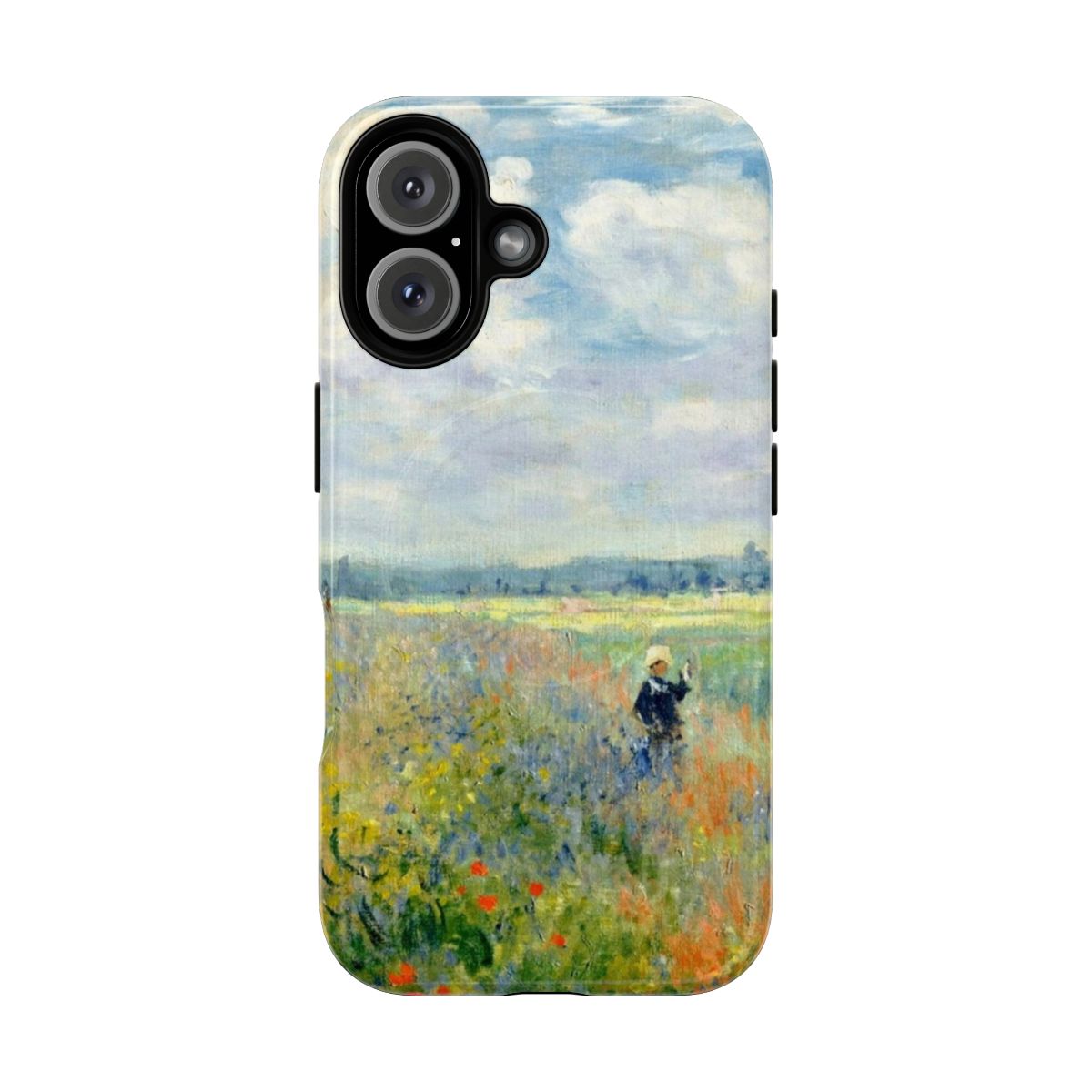 Colorful phone case featuring a painting of a field of poppies by the Impressionist artist Claude Monet.