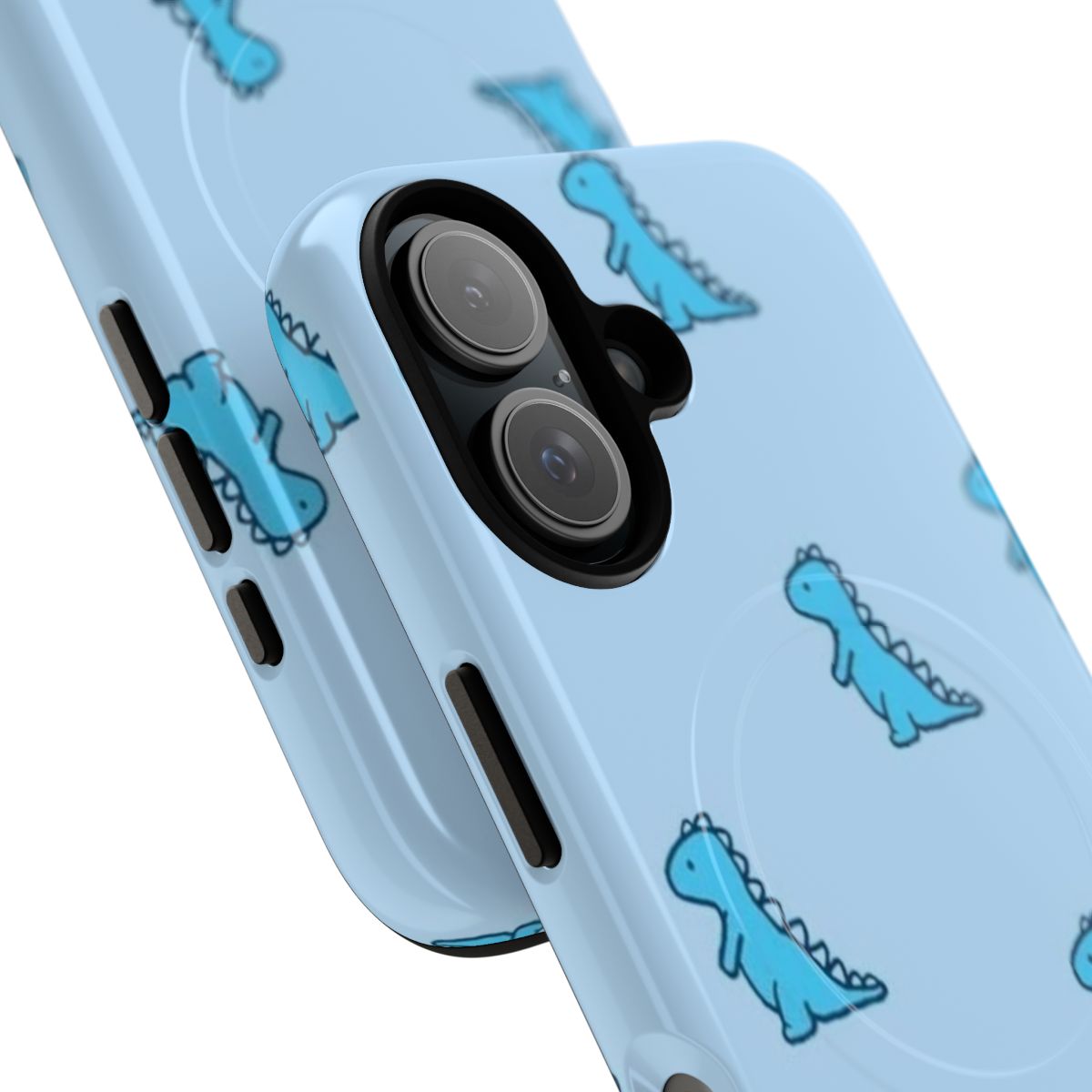 A blue dinosaur-themed magnetic tough phone case with an aesthetic, indie, and VSCO-inspired design. - Detail