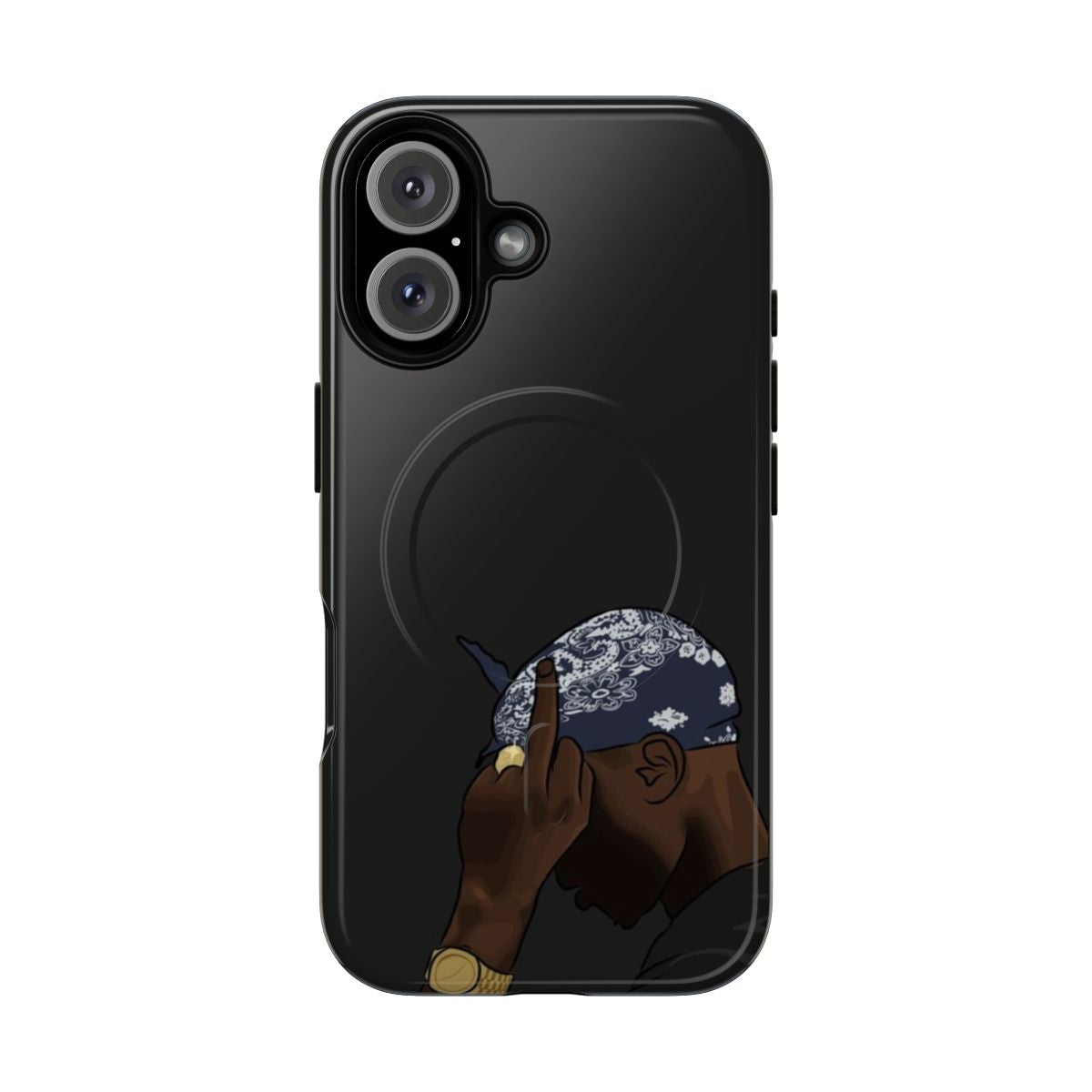 A phone case featuring the iconic image of rapper Tupac Shakur.