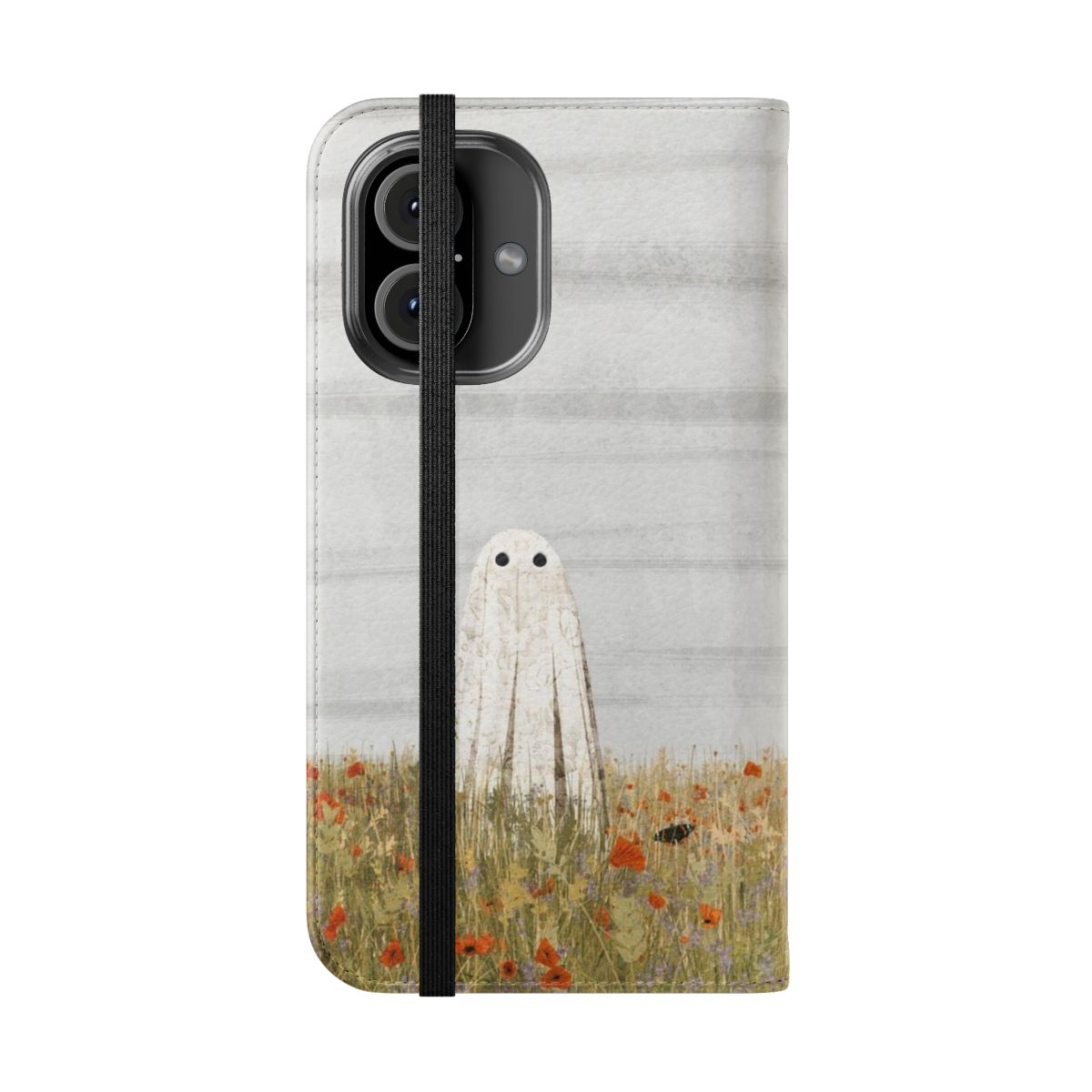 Vintage-style phone case featuring a dreamy floral meadow scene with poppies and butterflies - Folded Front