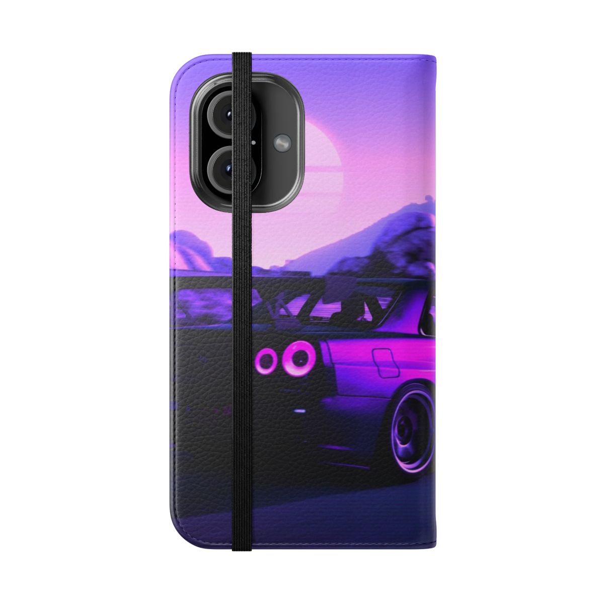 Sleek and stylish flip phone case featuring the iconic Nissan Skyline GTR R34 against a vibrant retro sunset background. - Folded Front