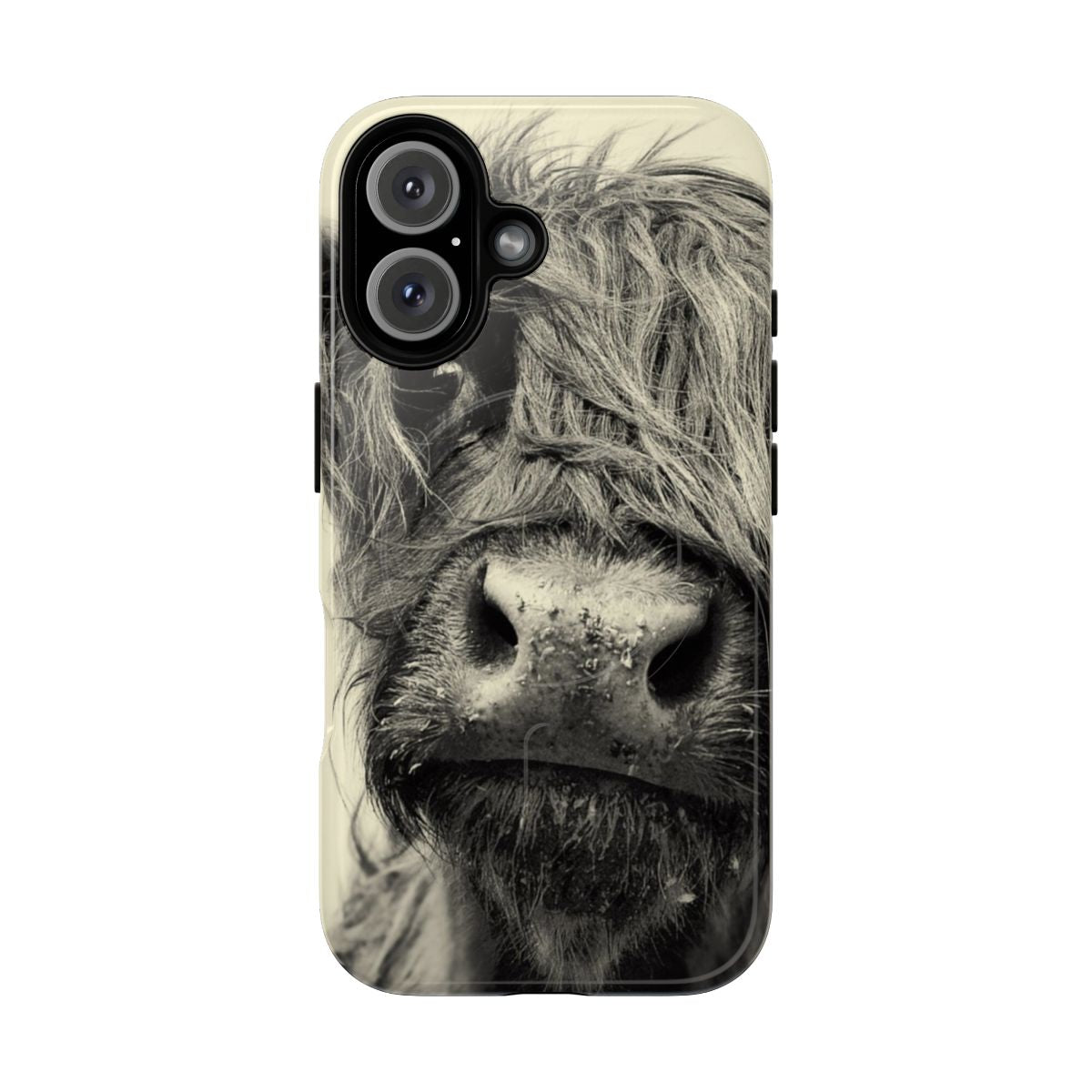 Magnetic tough phone case featuring a monochrome highland cow design