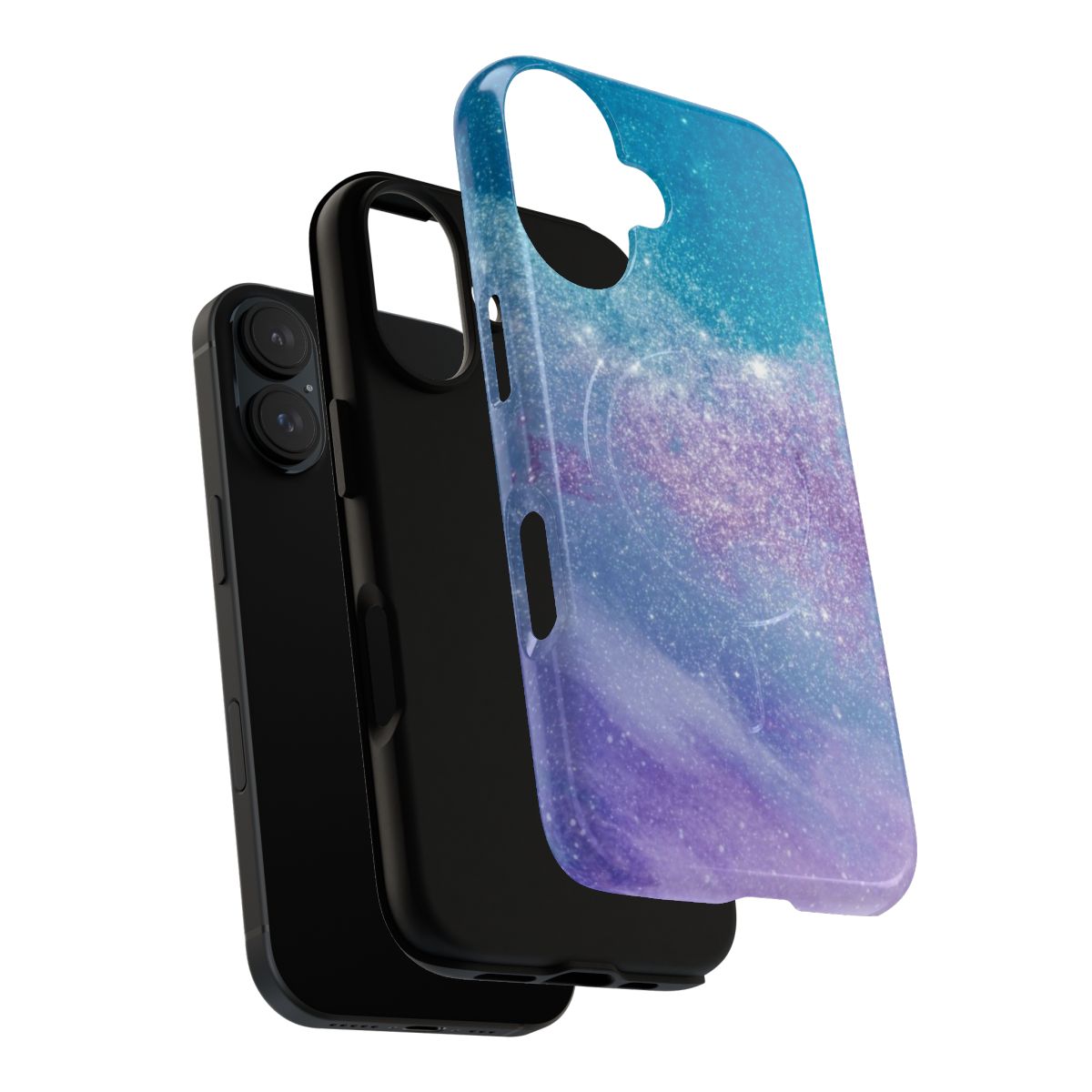 A vibrant purple and blue galaxy phone case with a magnetic back. - Layers