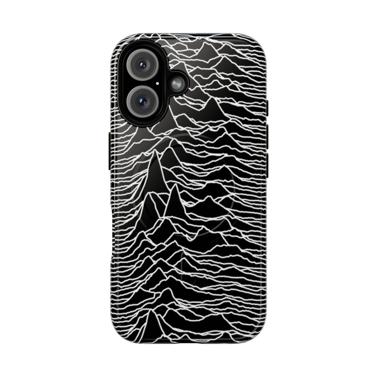 Retro phone case with Unknown Pleasures inspired abstract art design