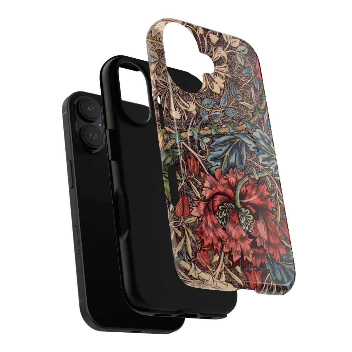 Vintage-inspired phone case featuring the iconic William Morris Honeysuckle floral pattern and botanical illustrations. - Layers