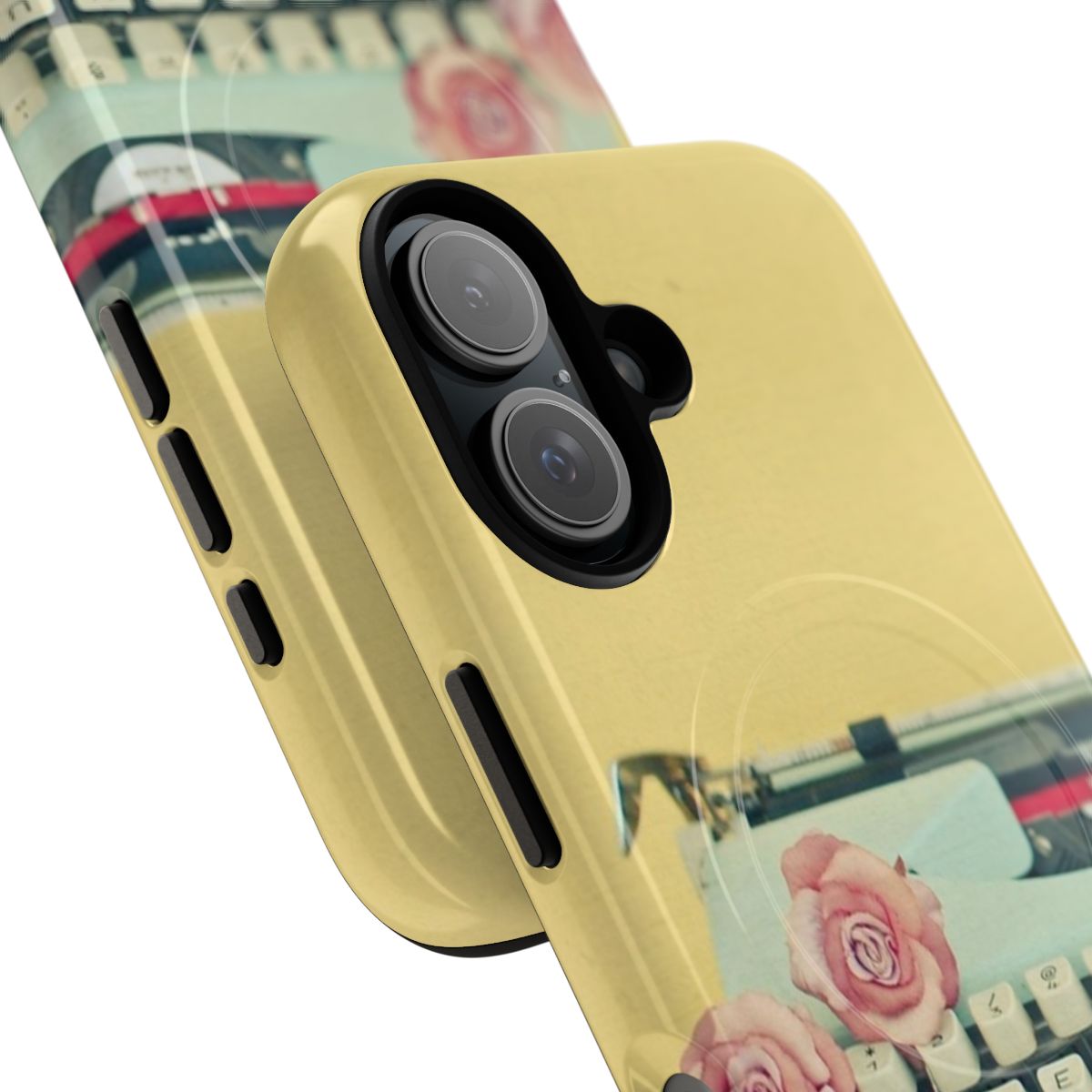 Magnetic tough phone cases with a vintage typewriter and floral design - Detail