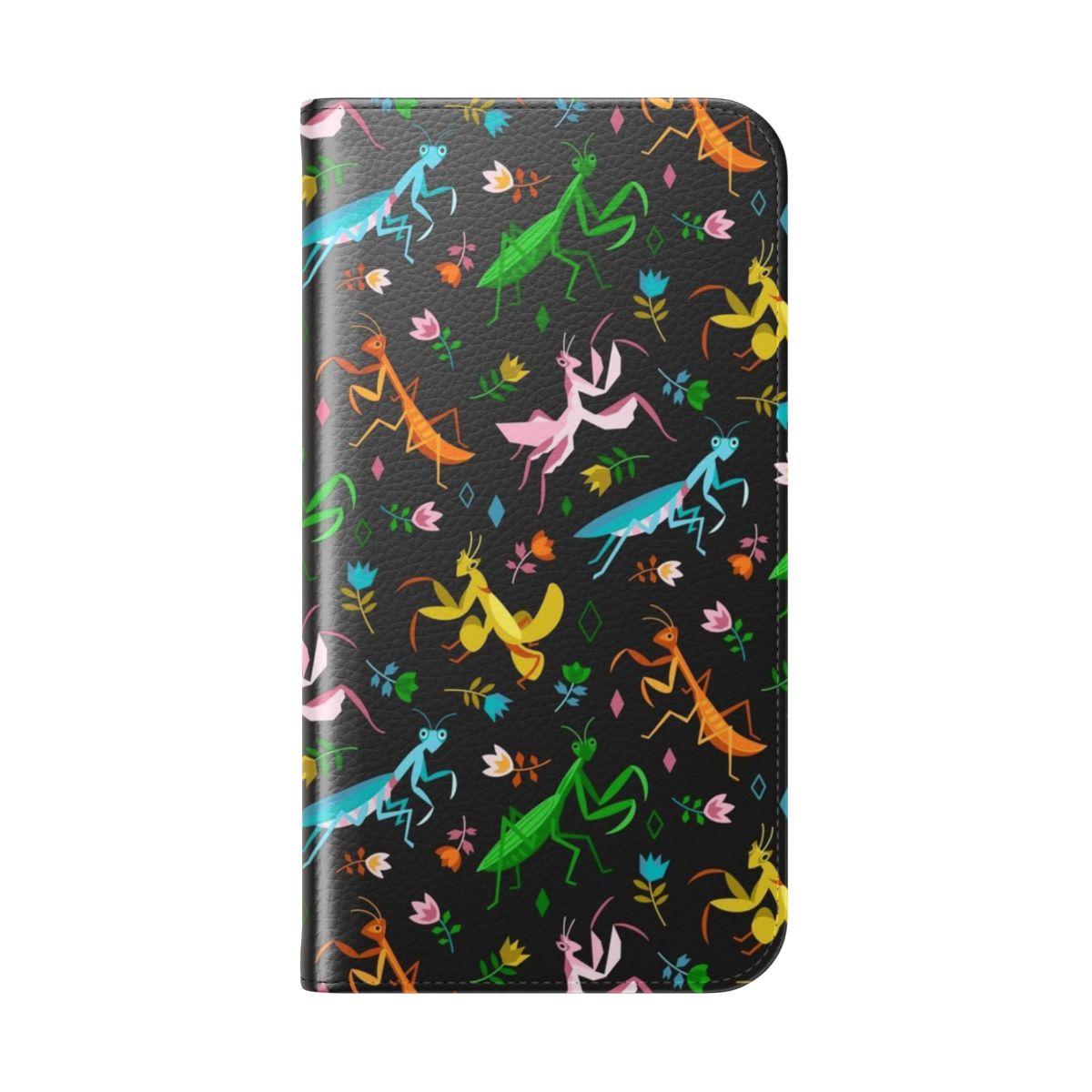 Artistic black flip phone case featuring various species of praying mantises in a geometric design - Folded Back