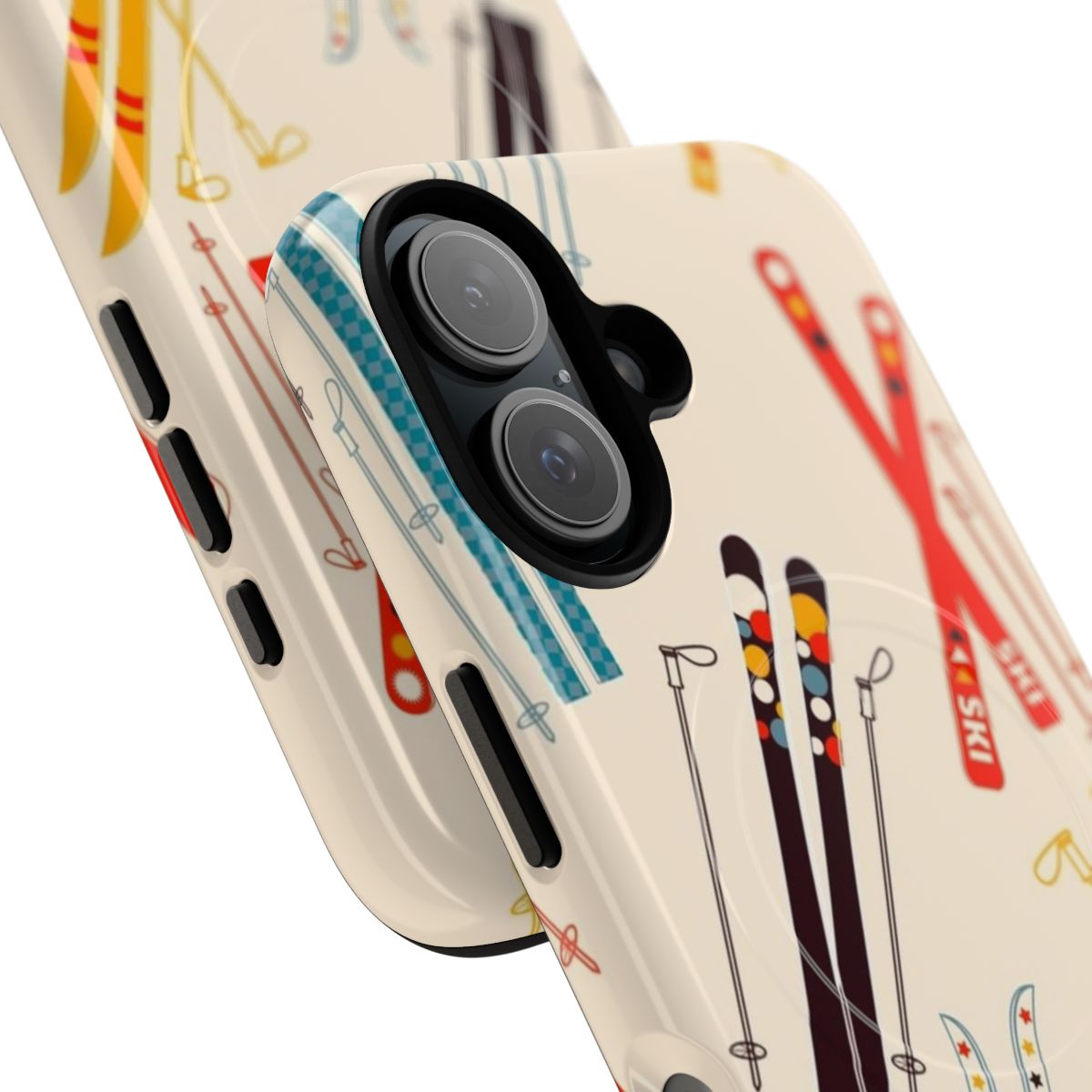 Magnetic tough phone case featuring a colorful skiing pattern design, perfect for winter and mountain adventures. - Detail