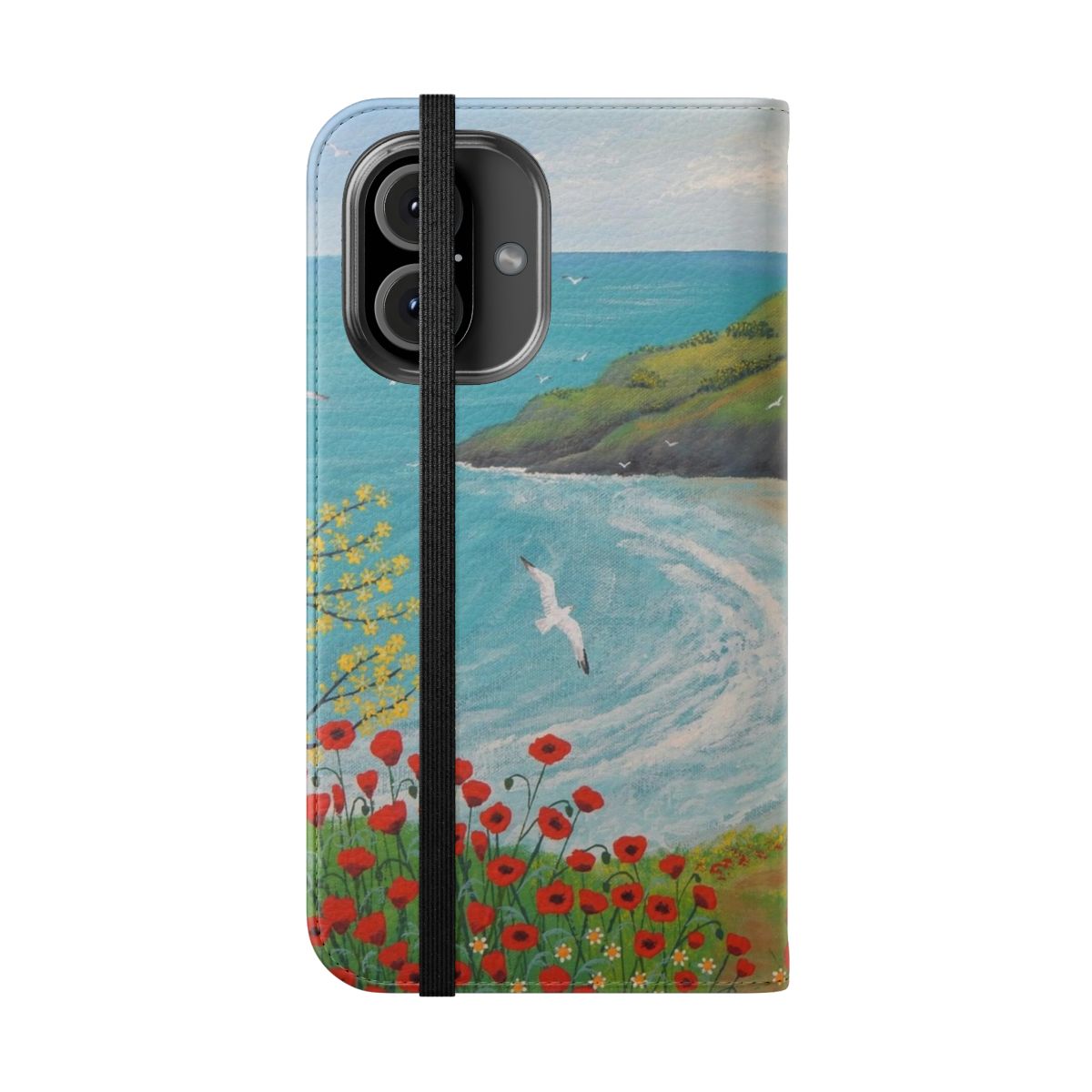 Coastal phone case with floral design featuring poppies and seascapes - Folded Front