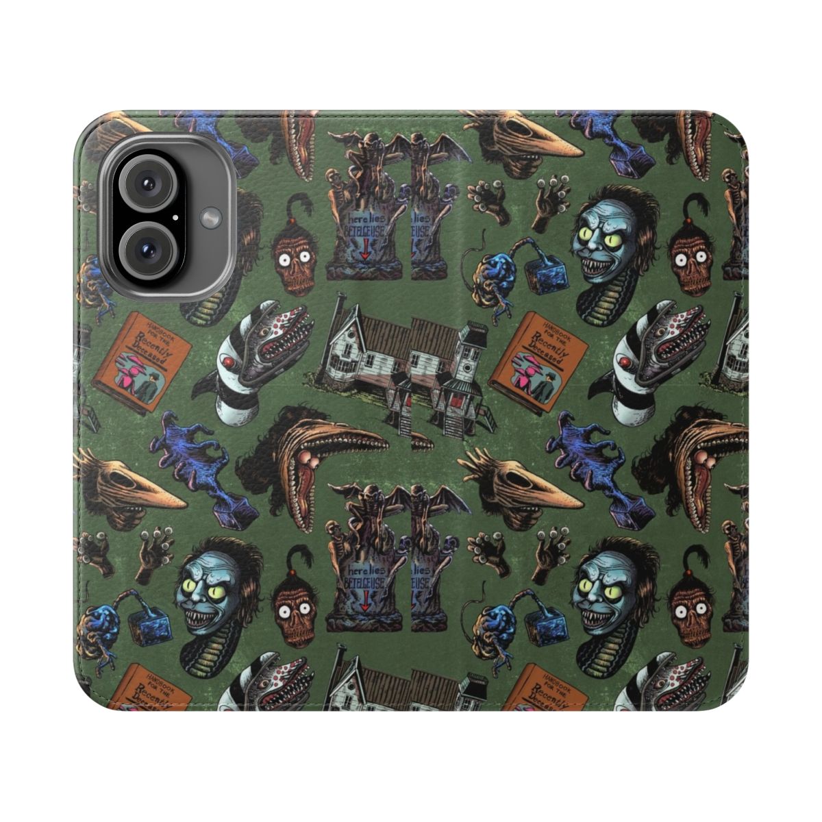 A green flip cover phone case featuring a seamless pattern inspired by the movie Beetlejuice.