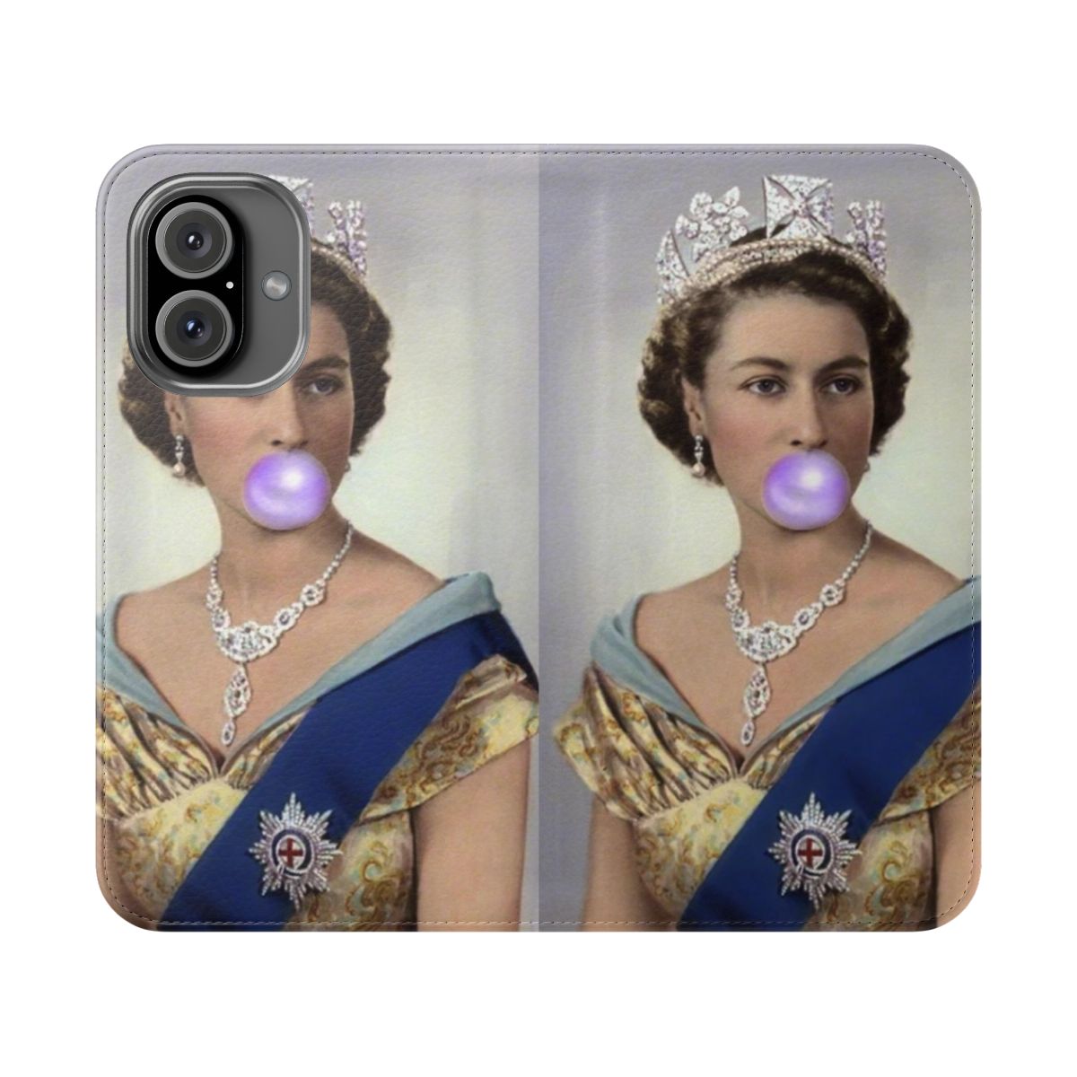 Stylish flip cover phone case featuring a regal design inspired by Queen Elizabeth II