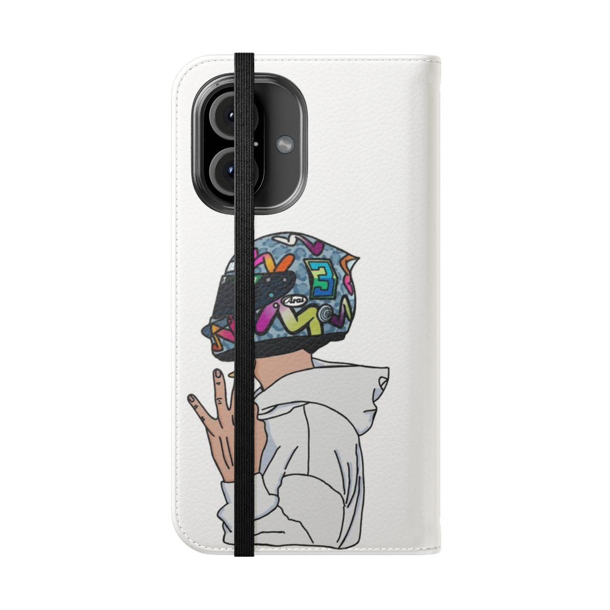 A stylish phone case featuring the number 3 and a design inspired by Formula 1 driver Daniel Ricciardo. - Folded Front