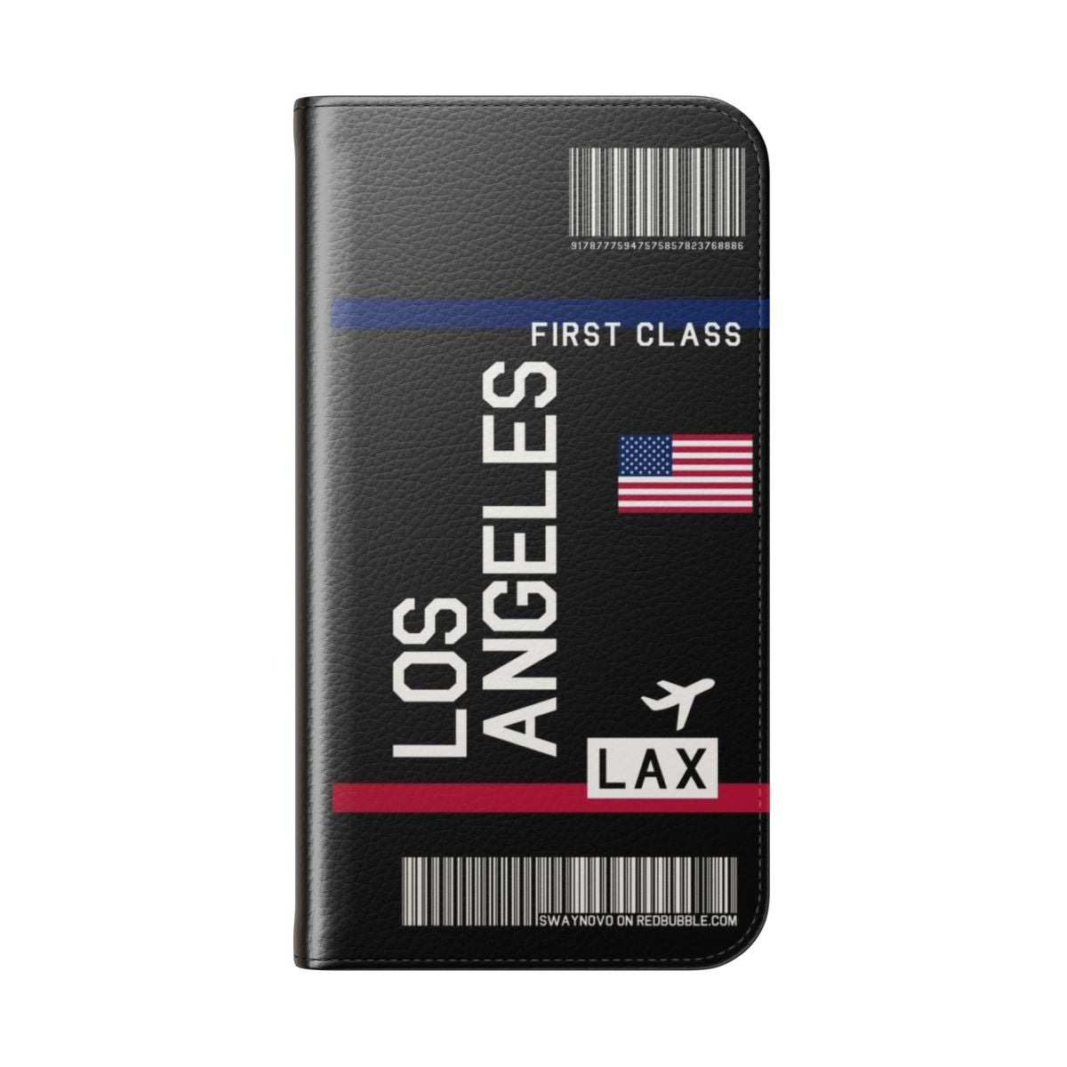 Black flip cover phone case with flight ticket and Los Angeles travel design - Folded Back