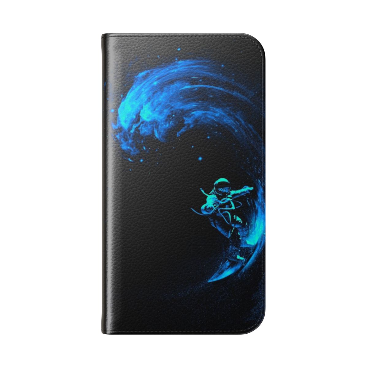 A flip cover phone case featuring a vibrant, cosmic-inspired design with swirling colors and celestial elements. - Folded Back