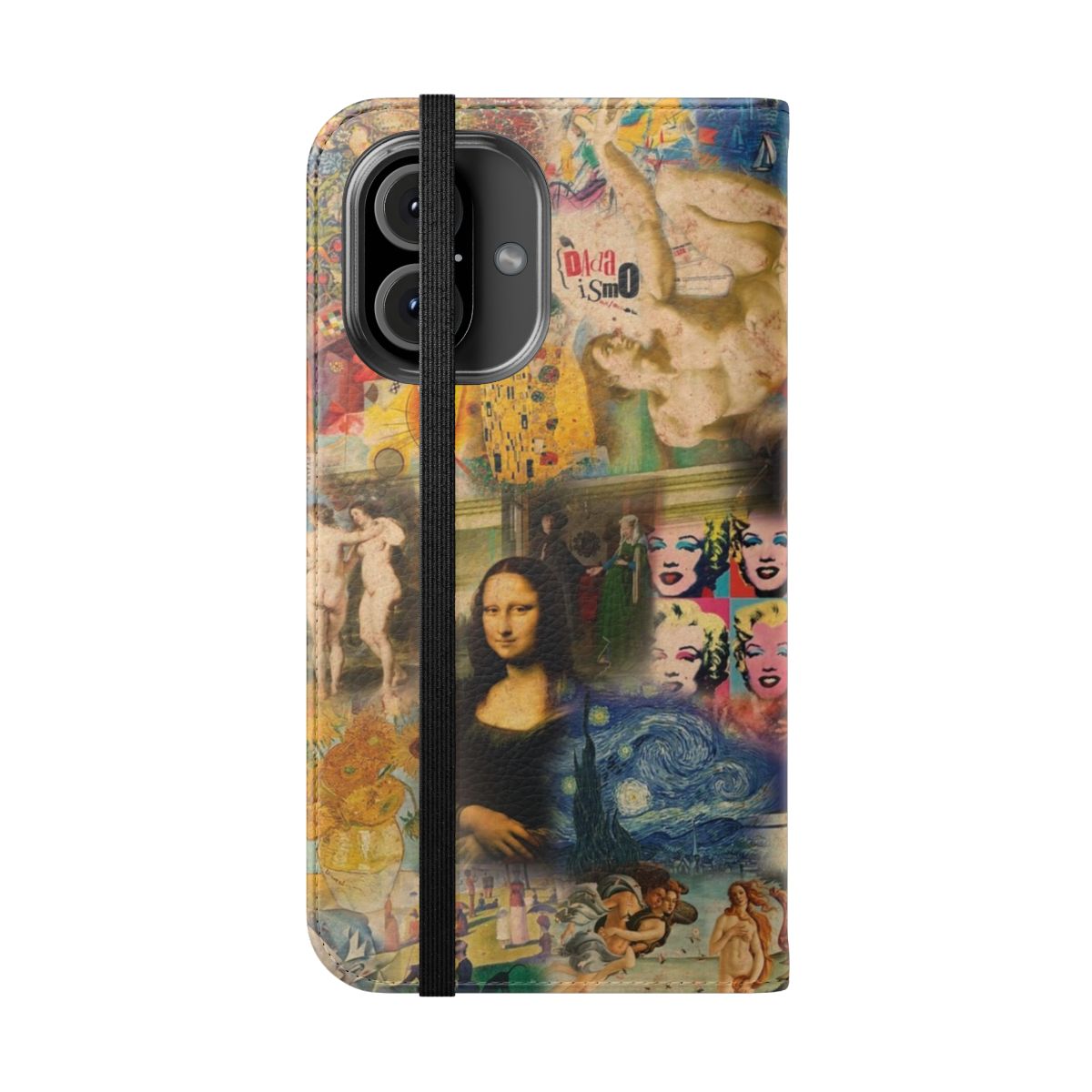 Phone case cover featuring a collage of famous art styles and paintings - Folded Front