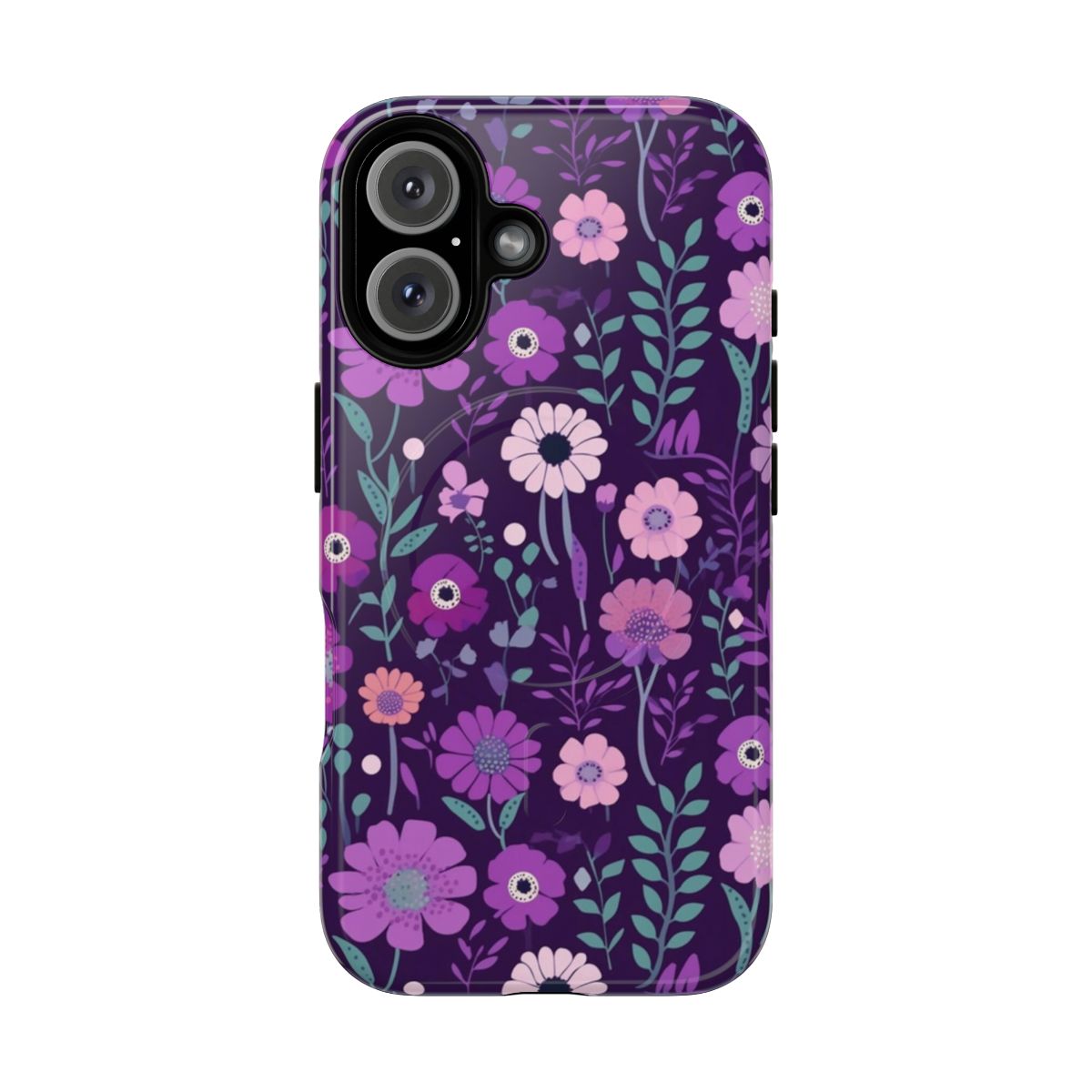 Purple flowers pattern on a tough, magnetic phone case