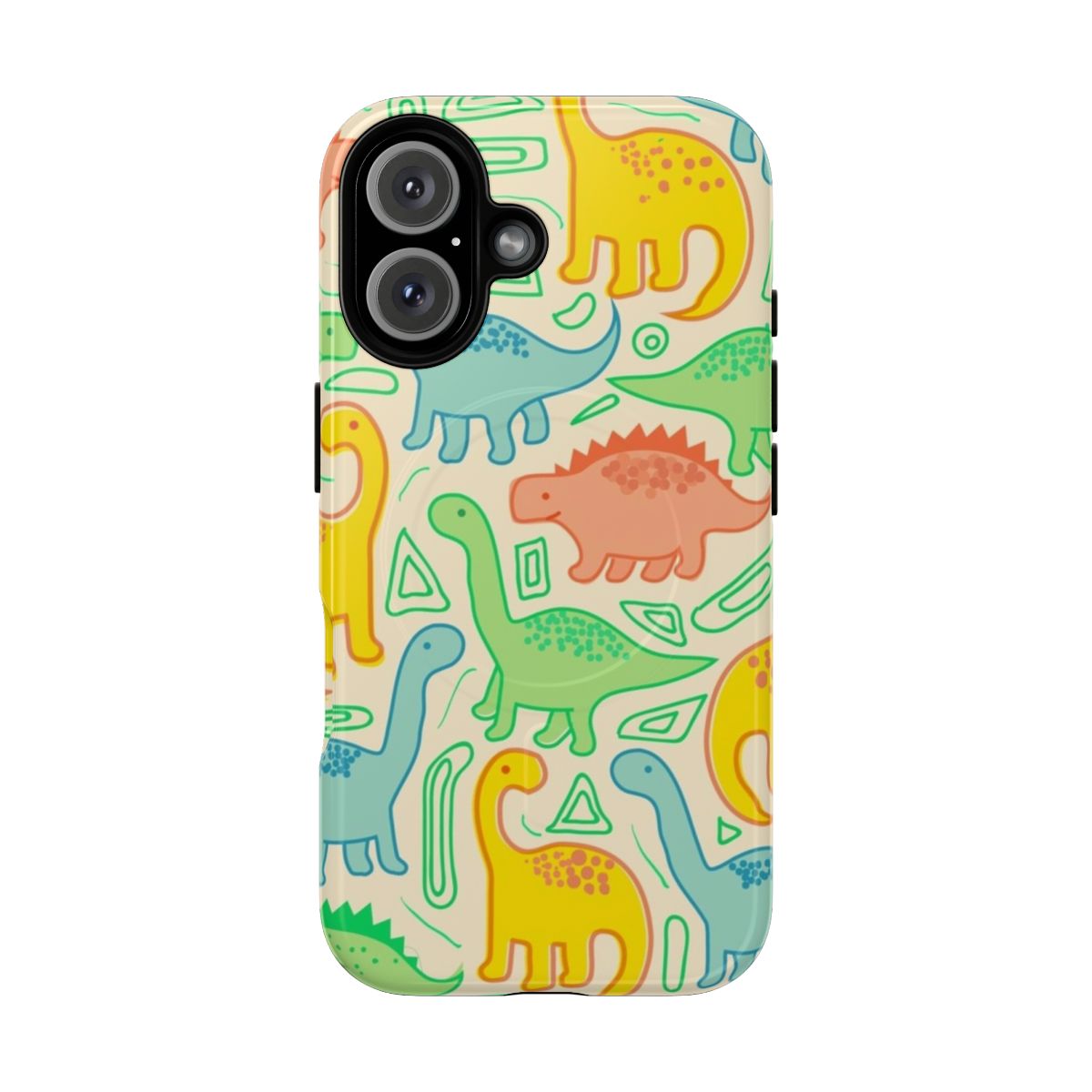 Colorful dinosaur pattern on a tough, magnetic phone case