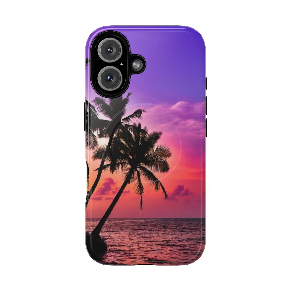 Tropical phone case with pink and purple sunset and palm tree silhouette