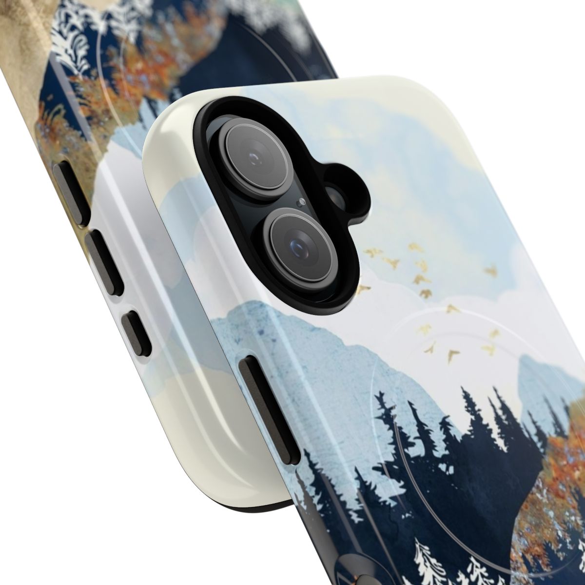 A colorful spring flight phone case with birds, mountains, and forest imagery - Detail