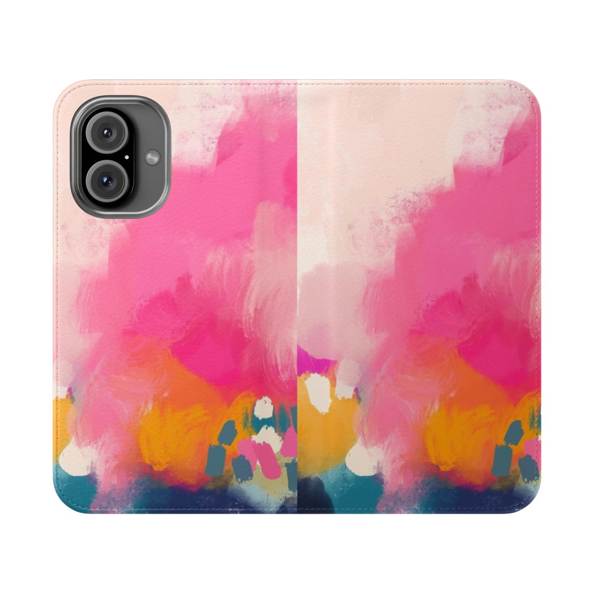 Vibrant abstract art phone case with pink, orange, and blue oil paint brushstrokes