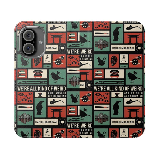 A sleek and stylish flip cover phone case featuring the iconic motifs and themes from the works of renowned Japanese author Haruki Murakami.