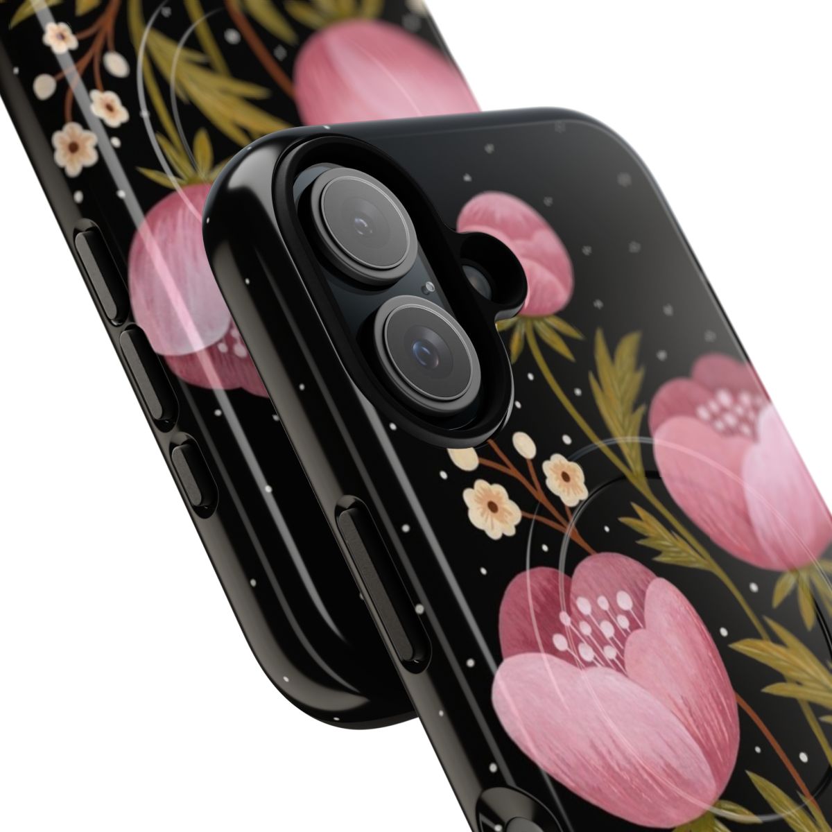 Artistic floral phone case featuring a dark, botanical design with blooming flowers in a night setting. - Detail