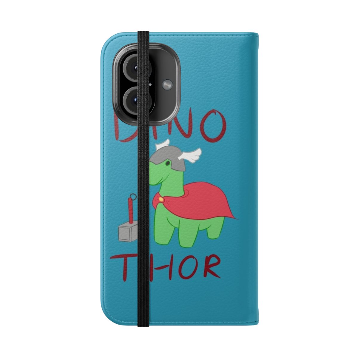 Dinosaur-themed phone case with Thor's Mjolnir hammer design - Folded Front