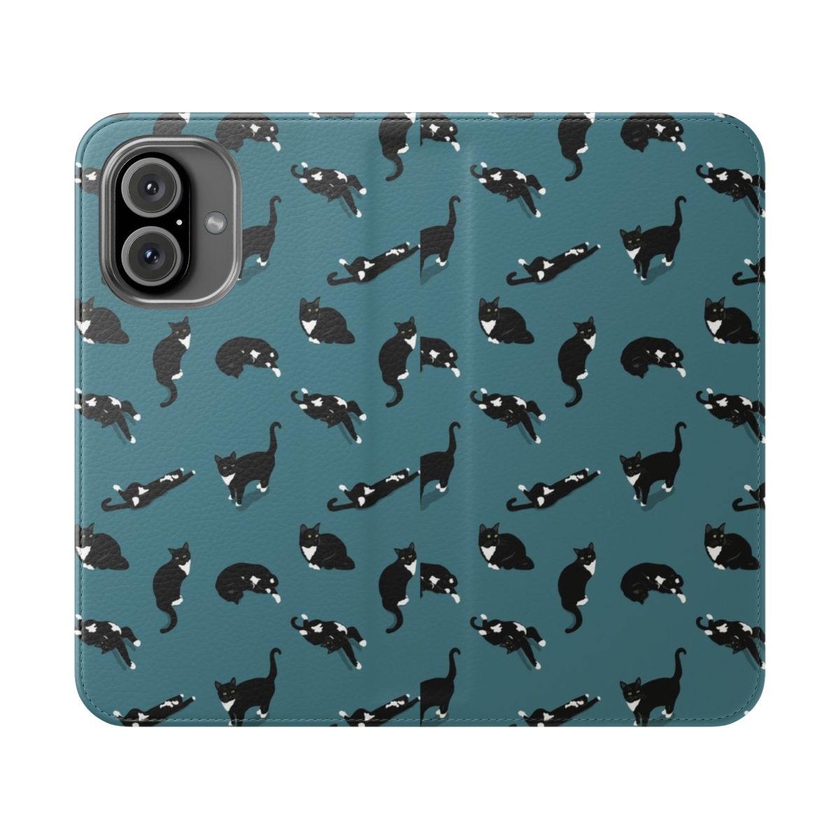 A stylish and personalized phone case featuring a digital drawn pattern of a cute tuxedo cat.