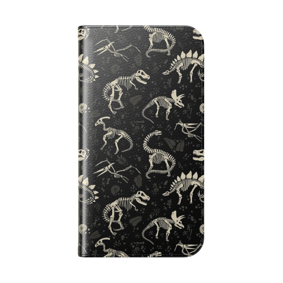 A phone case featuring a design of excavated dinosaur fossils, including T-Rex, Brontosaurus, and Triceratops. - Folded Back