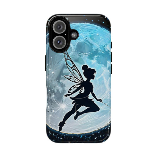 Magnetic phone case featuring a silhouette of Tinkerbell flying in the moonlight