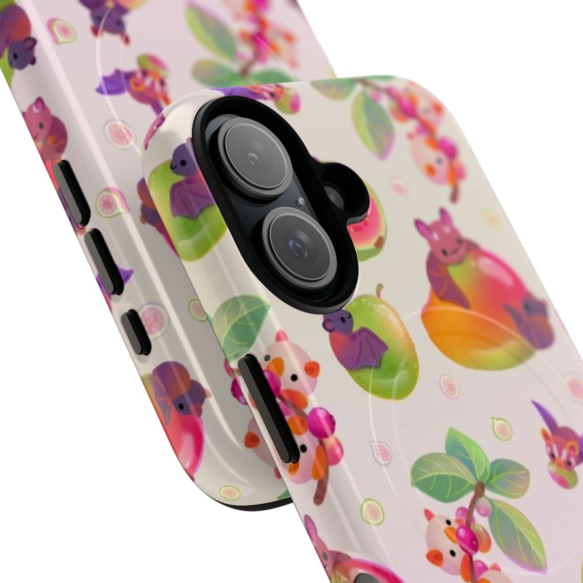 Pastel-colored phone case featuring a tropical fruit bat design - Detail