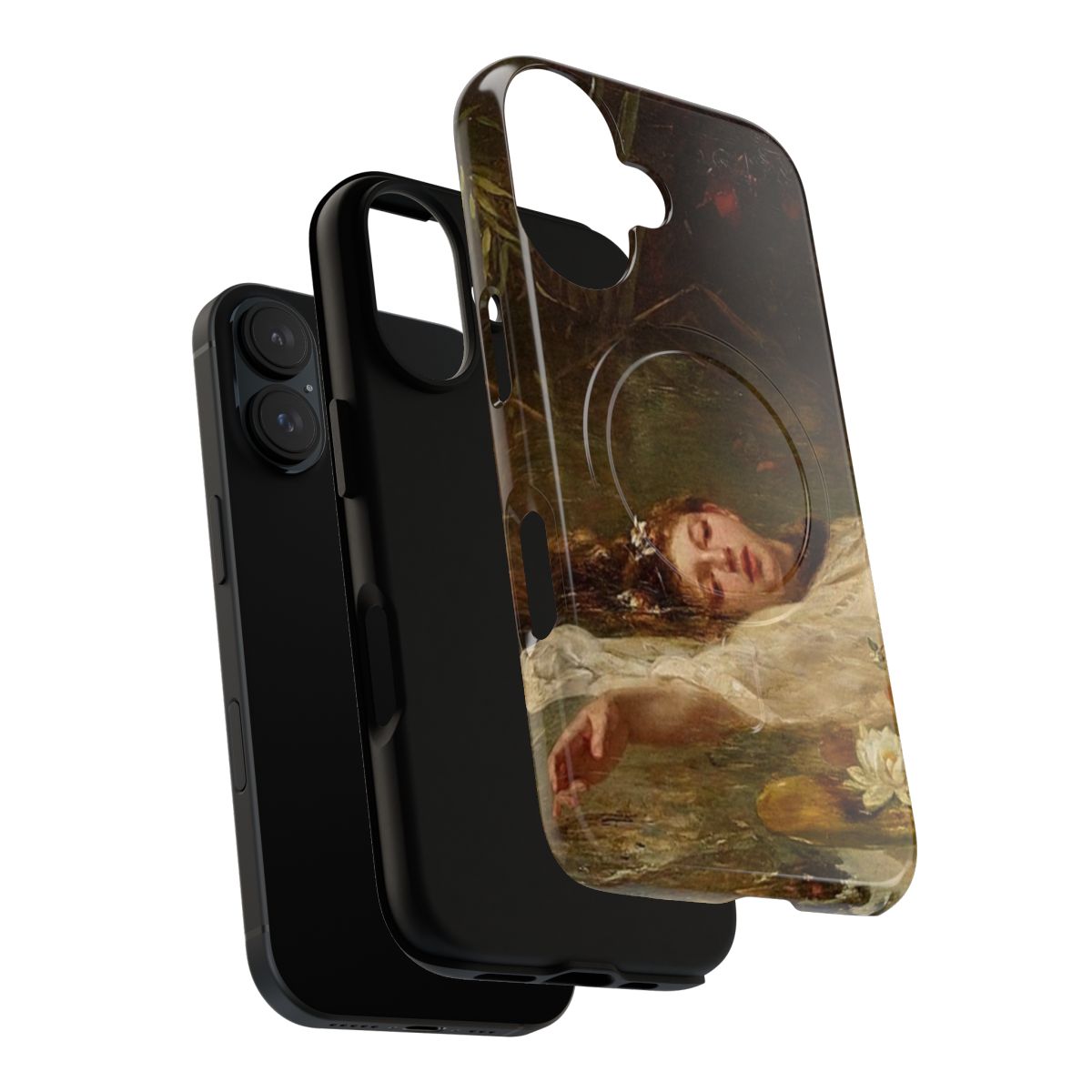 Ophelia magnetic tough phone case featuring a classical renaissance painting of a woman in a pond surrounded by flowers and nature - Layers