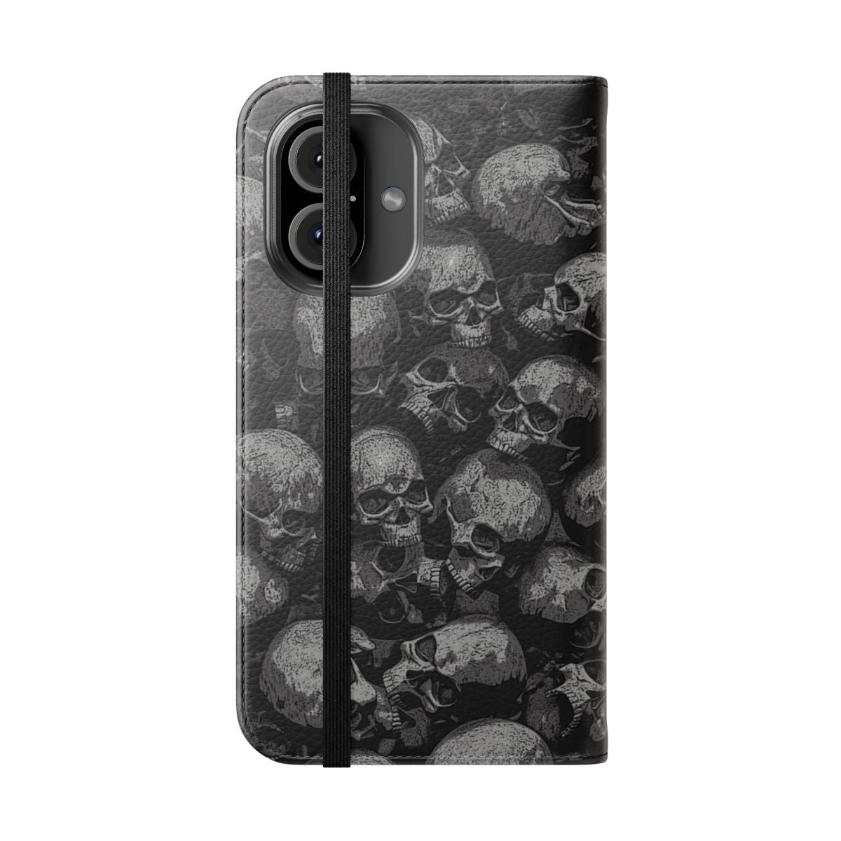 A dark gothic phone case with a skeleton and skull pattern in a spooky, macabre design. - Folded Front