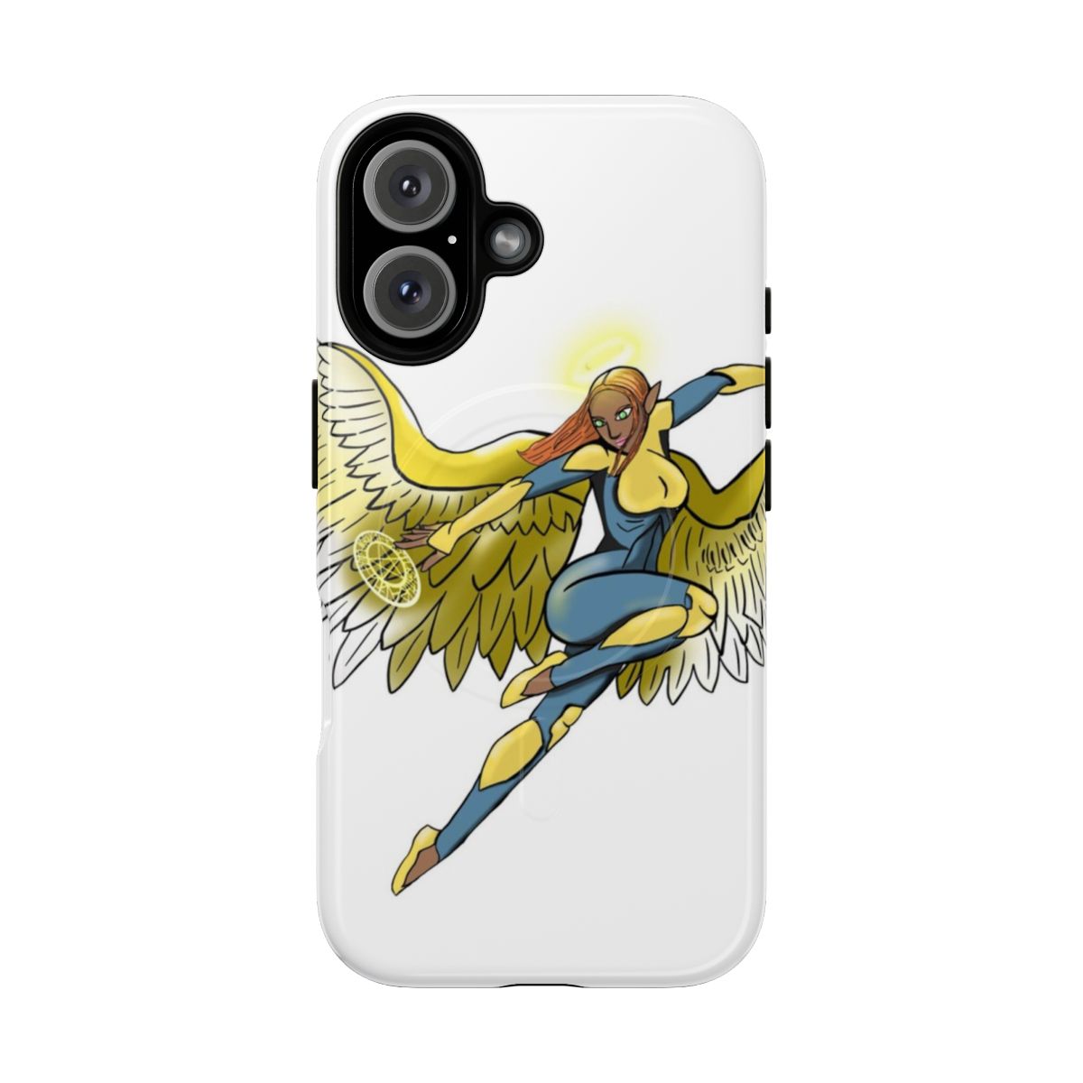 Magnetic tough phone case featuring angel-inspired black art and hero design