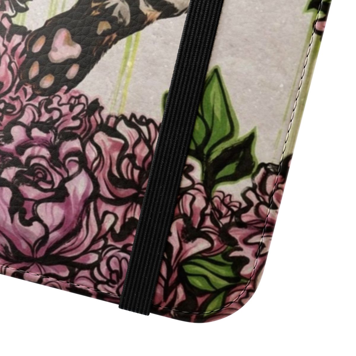 Closeup of a stylish phone case featuring a detailed tiger illustration surrounded by artistic peony flowers - Close Up