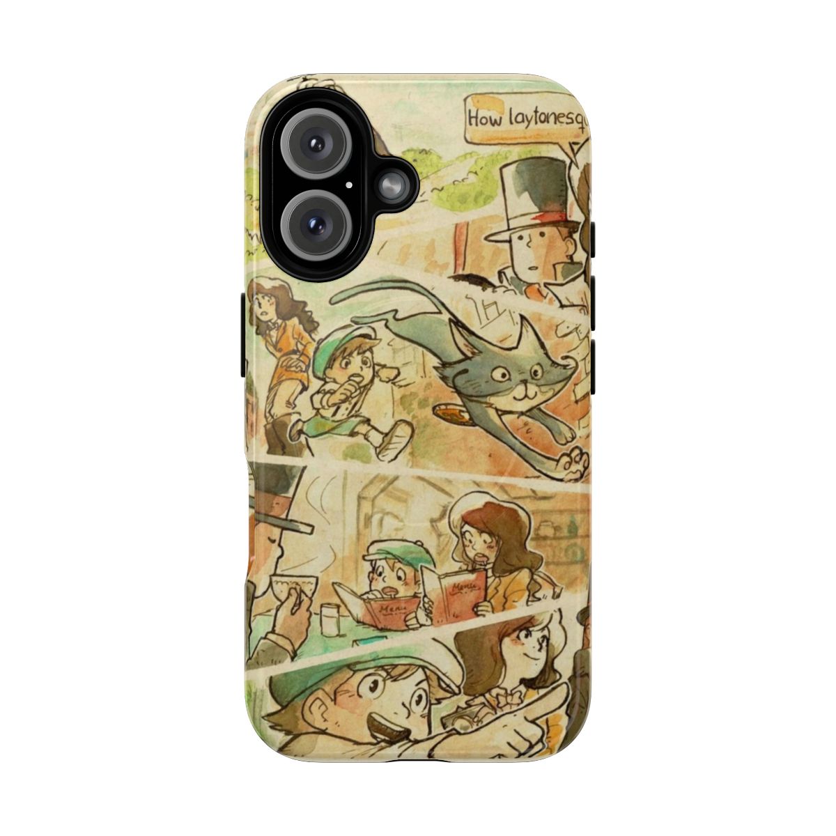 Professor Layton-themed phone case with watercolor-style artwork featuring characters from the video game series.