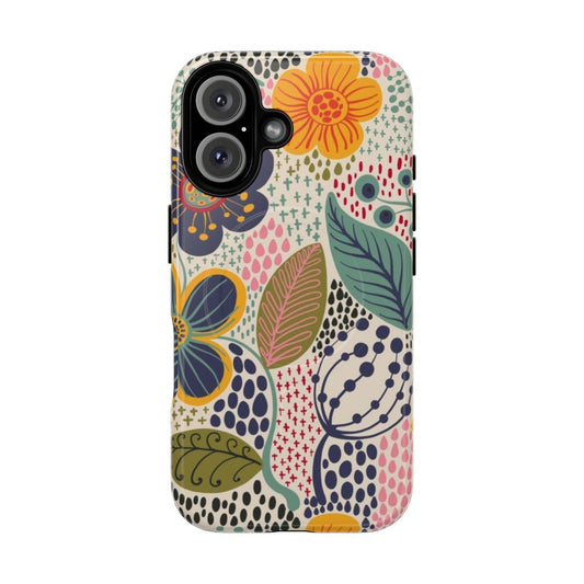 A phone case featuring a secret garden floral pattern in navy blue and yellow.