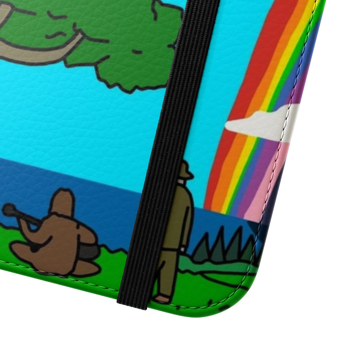 Colorful landscape-themed phone case design featuring characters from the popular Australian comedy series "The Big Lez Show" - Close Up