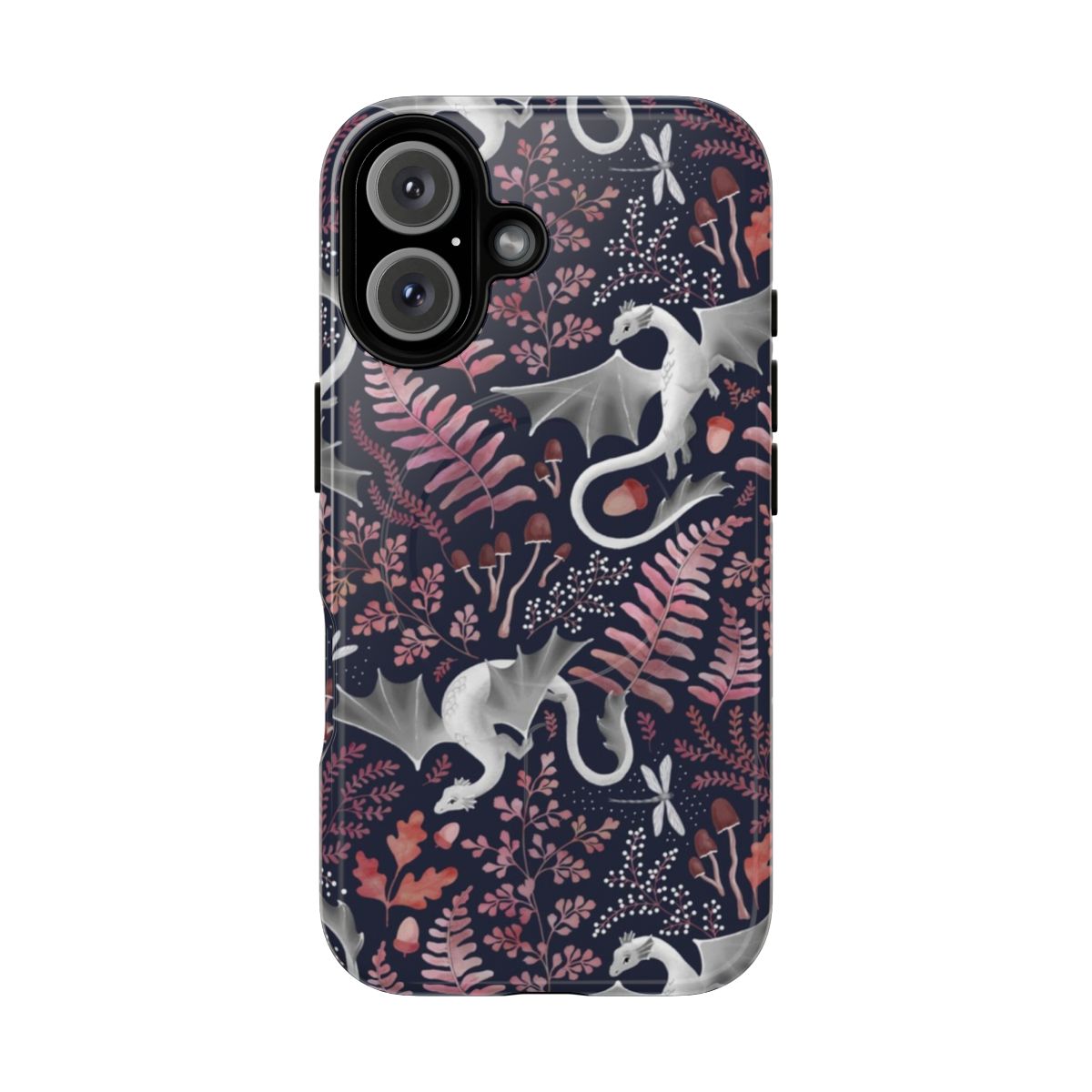 Autumn leaves and forest creatures in pink and navy blue design on a phone case