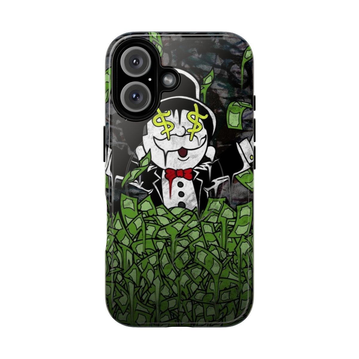 Artistic canvas and magnetic tough phone case with a stylized money/monopoly theme