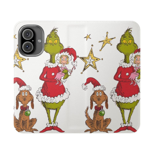 A flip cover phone case featuring the Grinch, a popular Christmas character.