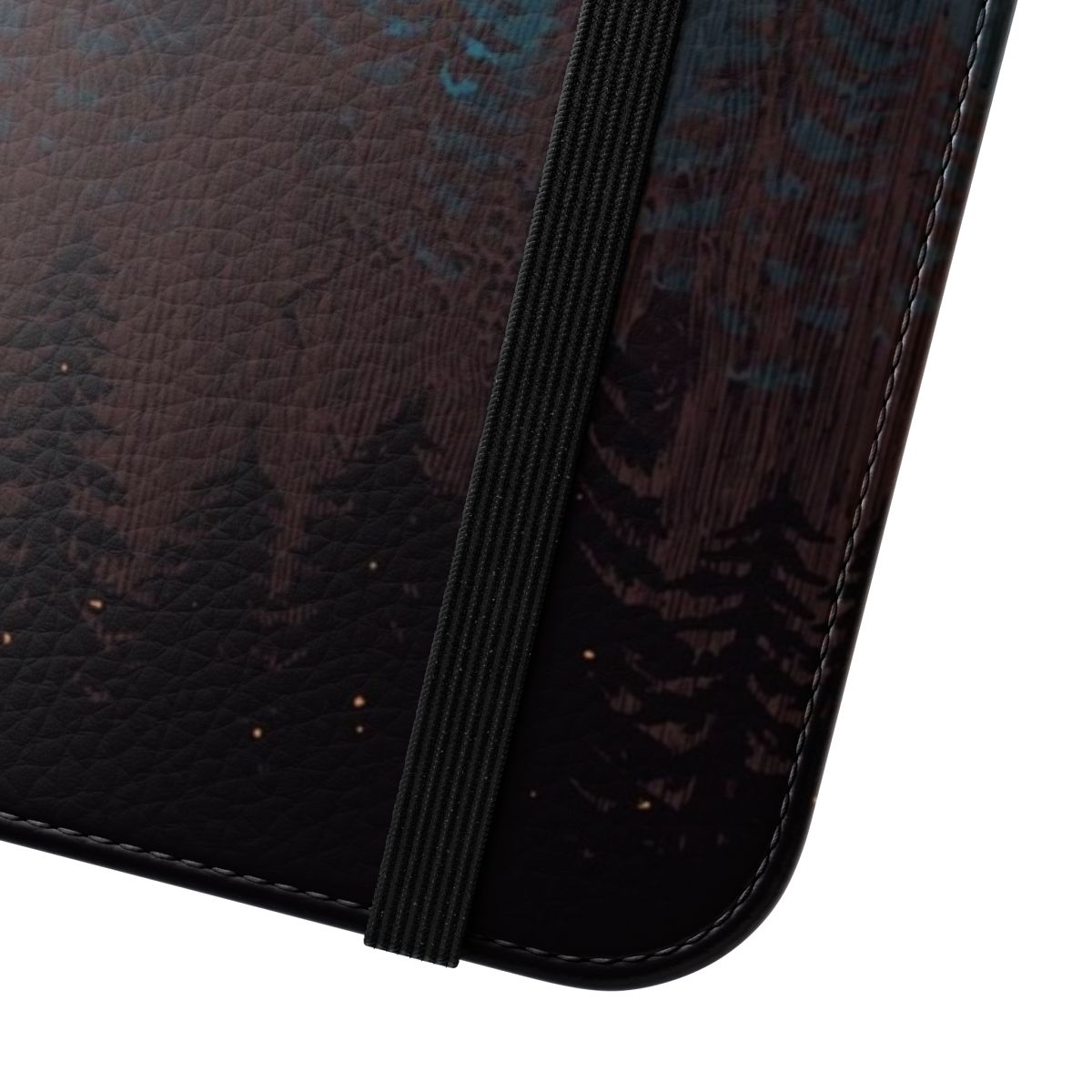 A flip phone case featuring a serene nightscape with mountains, stars, and fireflies. - Close Up