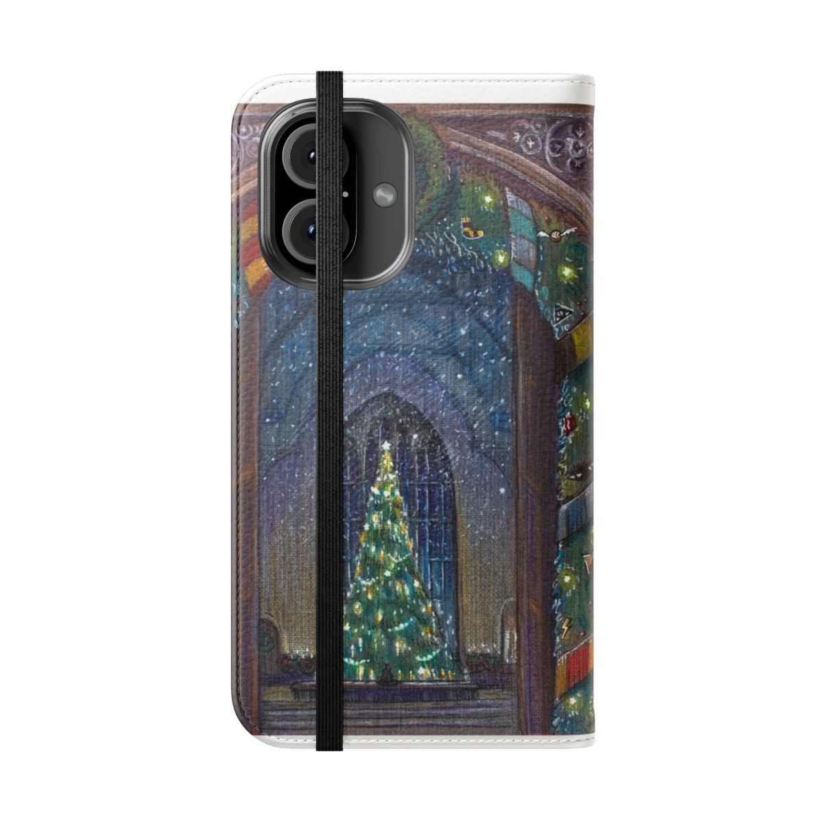 A festive phone case with a flip cover design, featuring enchanting Christmas and Harry Potter-inspired elements. - Folded Front