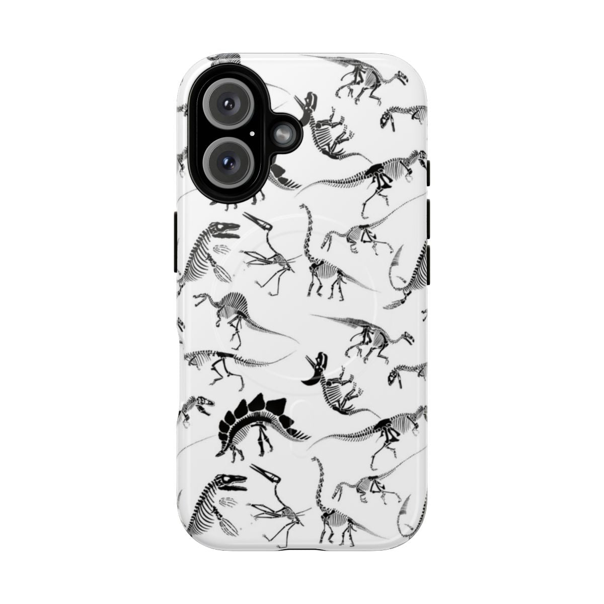 Magnetic phone case featuring a detailed dinosaur skeleton diagram