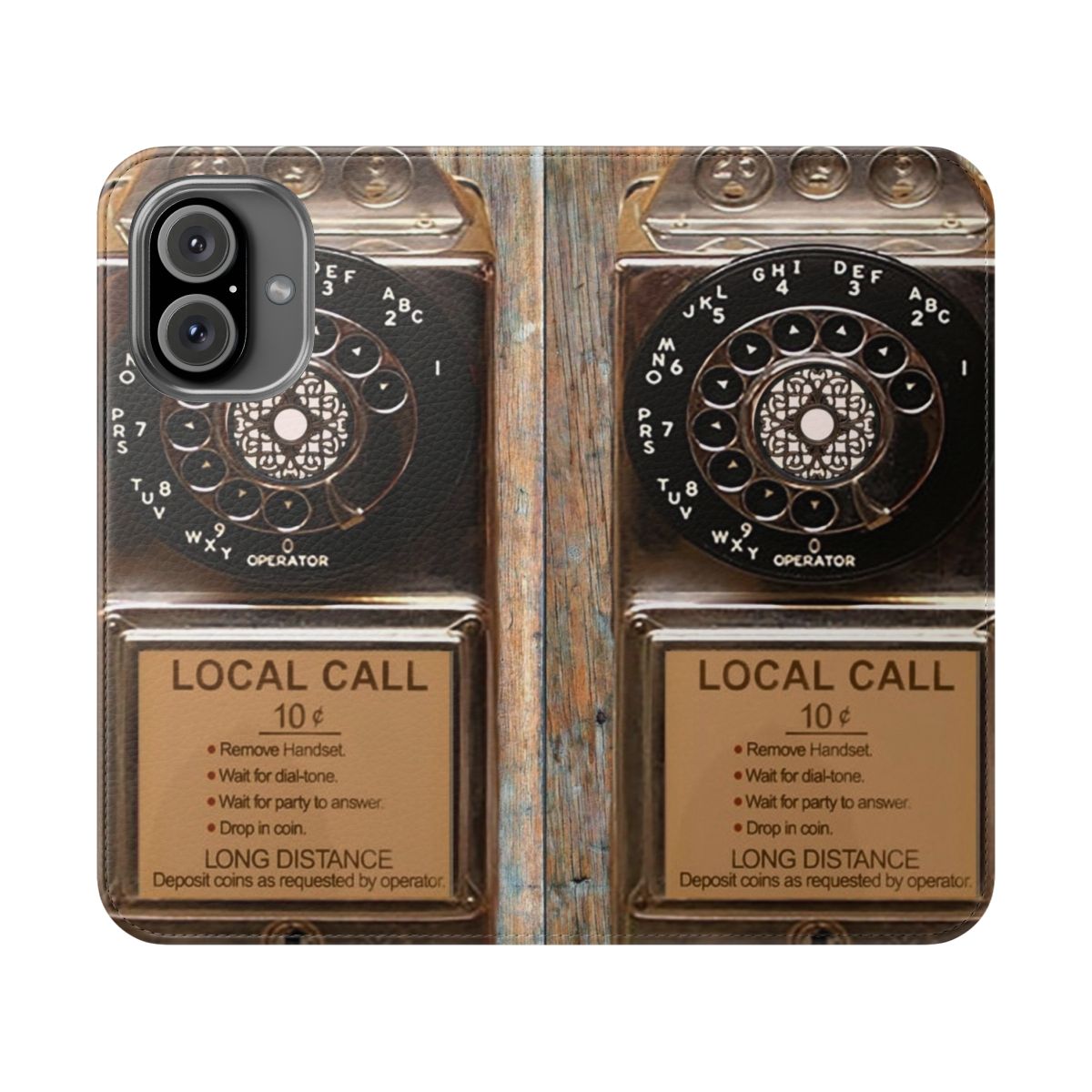 Flip phone case with vintage rotary dial and telephone booth design