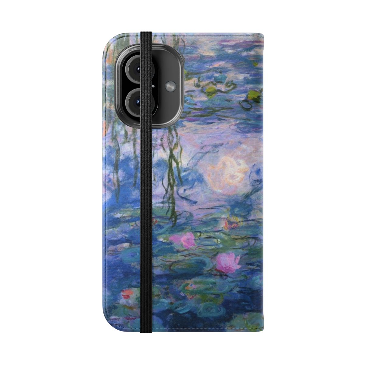 A decorative phone case featuring Claude Monet's iconic water lilies painting, perfect for nature and art enthusiasts. - Folded Front