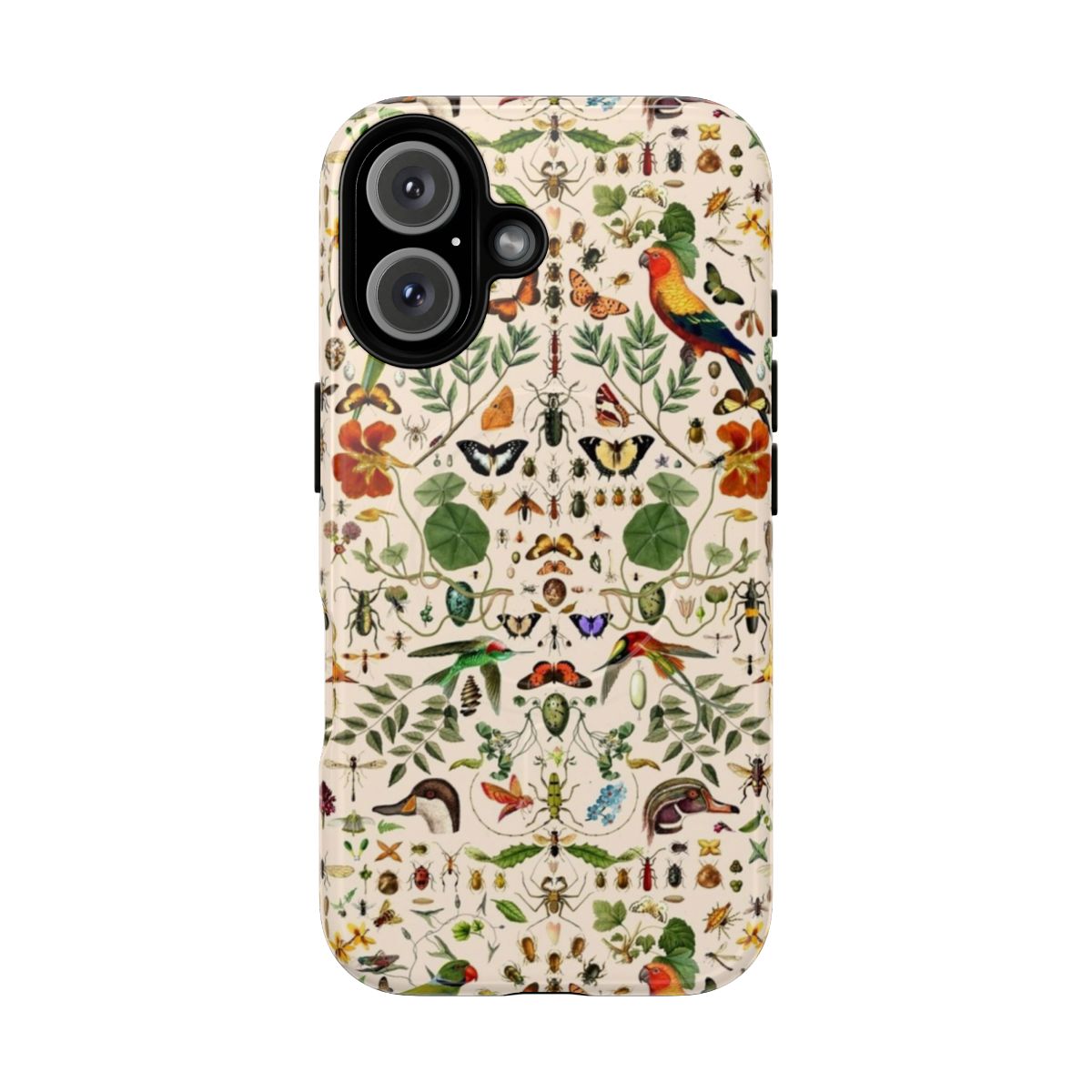 Colorful and intricate phone case design featuring a collage of nature elements including butterflies, birds, and botanicals.